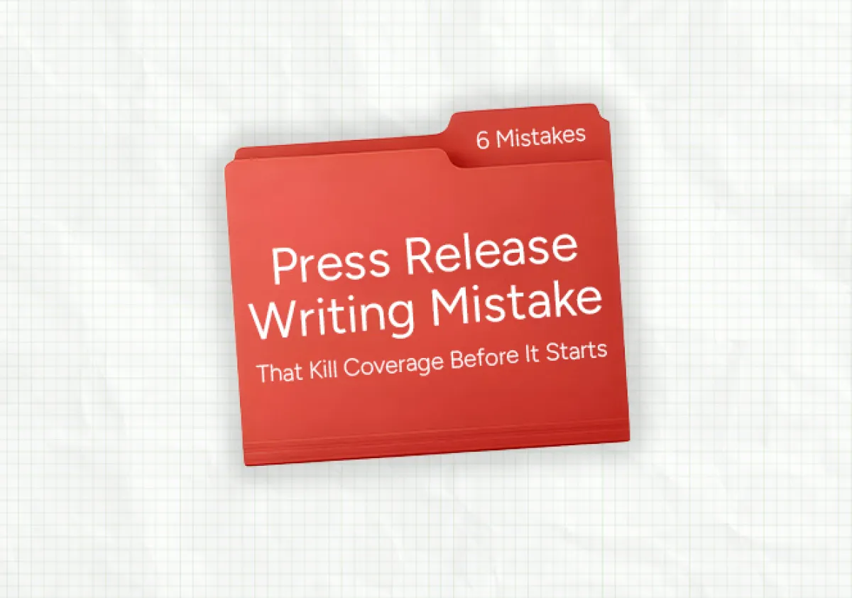 Press Release Writing Mistakes This image depicts a red file folder labeled "6 Mistakes: Press Release Writing Mistake That Kill Coverage Before It Starts," highlighting the importance of avoiding common pitfalls to ensure your press release gets noticed.