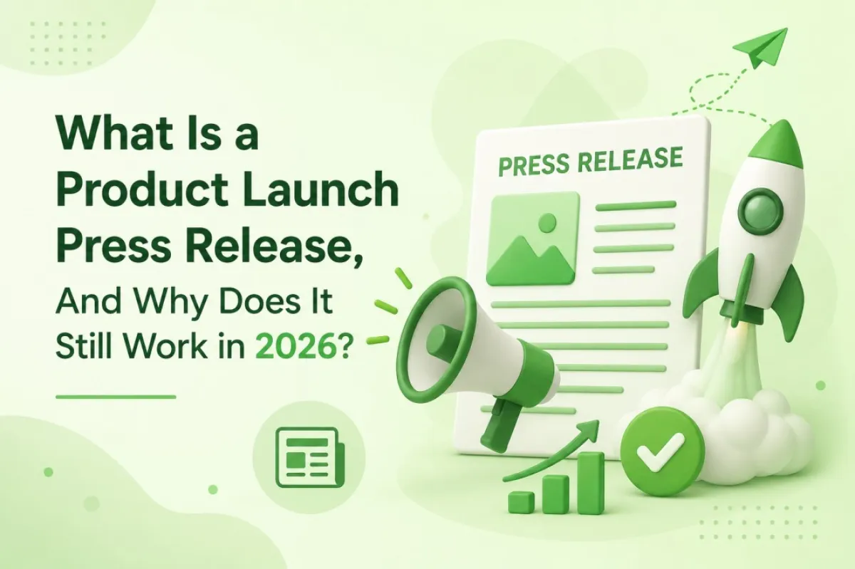 Graphic explaining what is a product launch press release, featuring a 3D illustration of a megaphone, rocket ship launching, and a press release document on a green background.