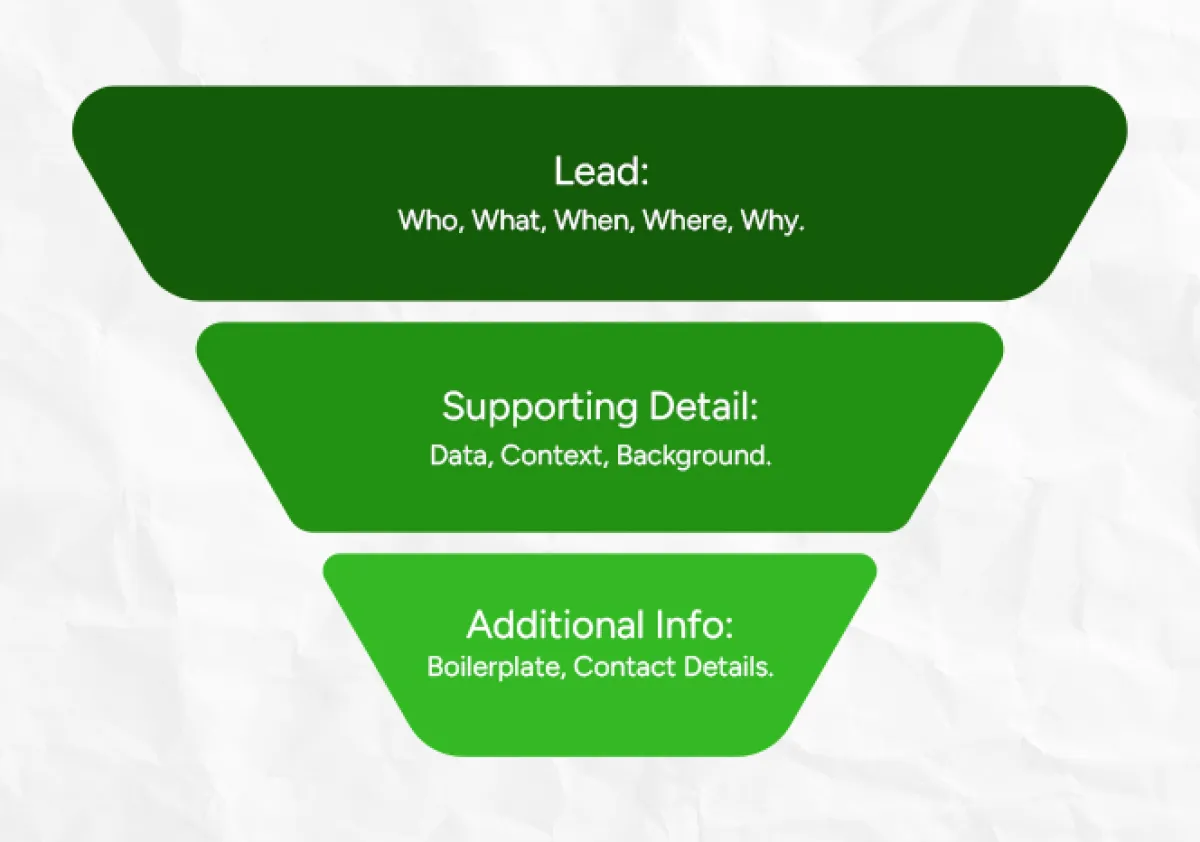 Inverted Pyramid This infographic illustrates the Inverted Pyramid style of journalistic writing, which prioritizes the most crucial information at the top and tapers down to secondary details, background information, and boilerplate/contact info at the bottom.